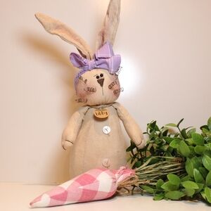 Handmade Beige Bunny Doll with Purple Bow and Pink Checkered Carrot